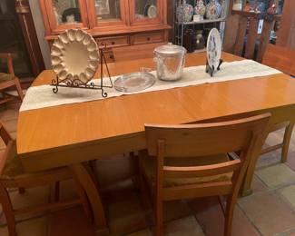 mid century wood dining table w/ chairs has matching buffet !!