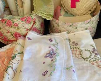 Vintage Linens and Two Hat Boxes With Lids