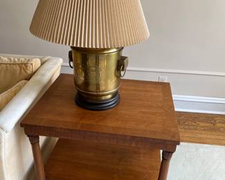 solid wood end table, brass lamp