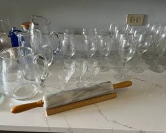 pitchers, marble rolling pin with holder, glassware
