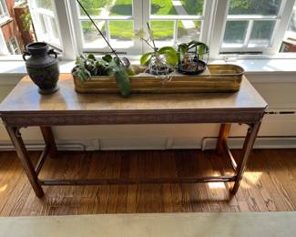 Solid wood console table, brass planter, orchids that need love