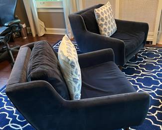 Pair of blue velvet chairs (pillows not included), some wear on arms