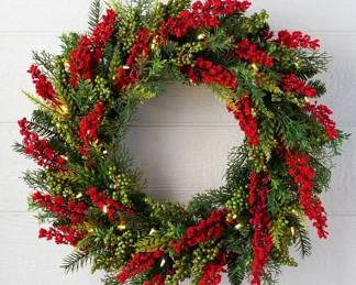 Two, new in box, Balsam Hill Outdoor Berry Burst wreaths; https://www.balsamhill.com/f/outdoor-berry-burst-artificial-christmas-foliage?sku=4003616; Boxes are unopened, wreaths never used.