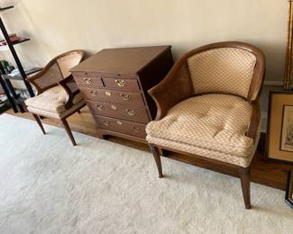 MCM pair of cane chairs; wooden chest