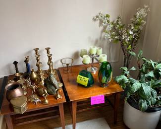 Brass candle sticks, Restoration Hardware candle holder, plants, heavy glass vase