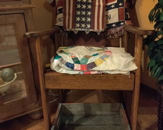 Antique oak rocking chair, Americana throw coverlets, Antique Coca Cola crate