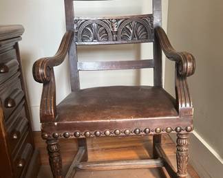 Antique Baroque Wood/Leather Arm Chair