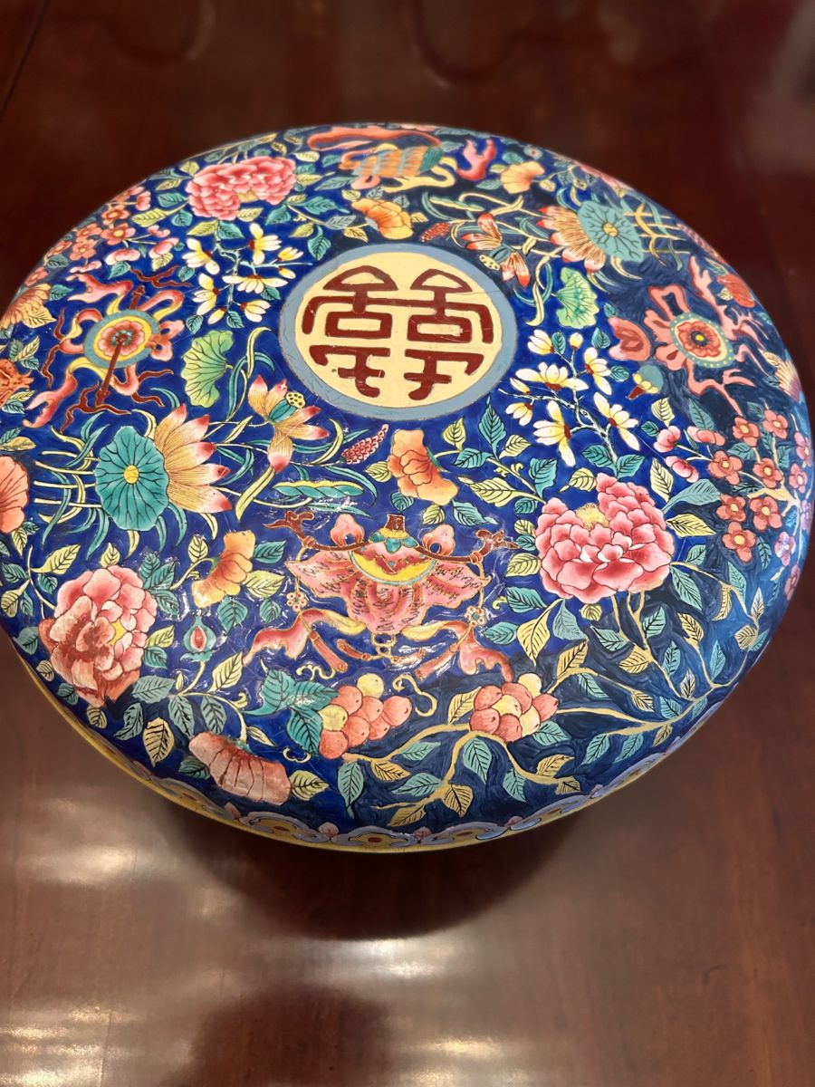 Stunning 11” diameter fitted ENAMEL BOX w slight repair.