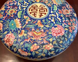 Stunning 11” diameter fitted ENAMEL BOX w slight repair.