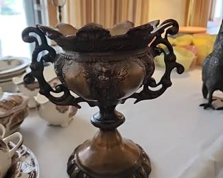 Antique Brass Bronze 1800's ornate cast pedestal Jardinete planter with cherubs