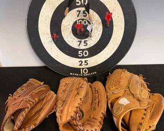 Lot Of 3 Baseball Gloves And Dart Board With 6 Darts