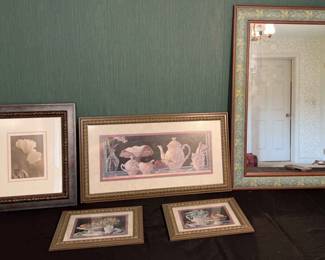 Set Of 3 framed prints signed by Janet Kiruscamp, Stanley Mirror W Grapes Vines Border, And More