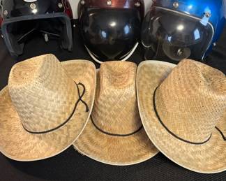 Lot Of 3 Vintage Motorcycle Helments And 3 Straw Hats