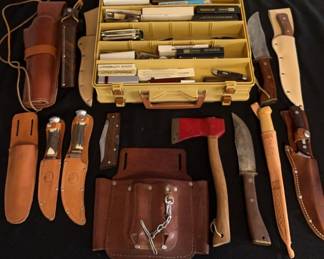 Lot Of 38 Pocket and Hunting Knives, empty holsters, And a Vintage Hatchet