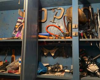Large Miscellaneous Closet Tool Lot Drill, Clamps, Screwdrivers And More