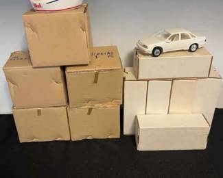 Lot Of 5 Ceramic Bill Elliott Bud Helmets And 6 1990 White Ford Taurus Model Showroom Cars