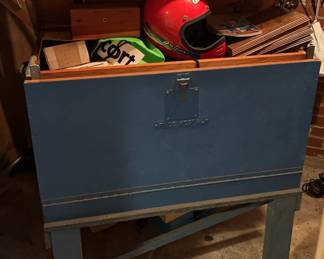 Blue Tool Box With Miscellaneous Items Griffin Helmet, Electronic Demonstrator And More