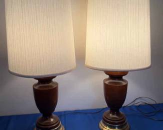 Lamps, Two With Wooden Metal Base And Shades