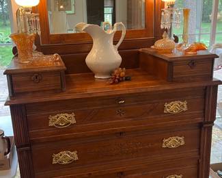 Beautiful Eastlake Dresser, marigold carnival glass items