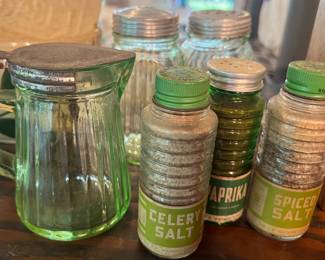 Vintage J.R. Watkins Spice Jars, Uranium Glass Syrup Pitcher