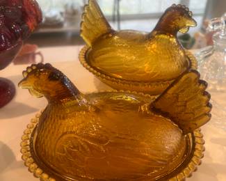 Indiana Glass Nesting Chickens, one with original box