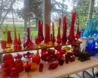 Large Collection of Colored Glass, Swung Vases, Candle holders, Candy Dishes, Canisters, Vases, Fairy Votives and more