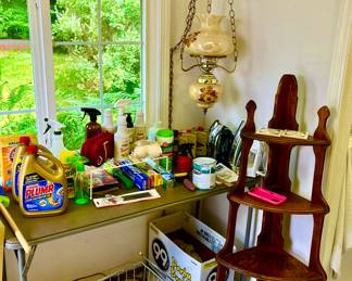 Corner shelf, knife and carved wood $30
Hanging parlor lamp $75
Vintage telephone five dollars