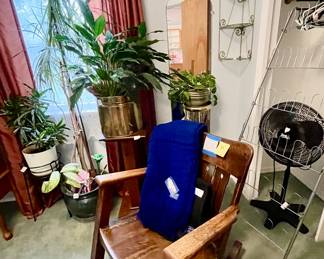 Shoe rack $10, fan $10, Pendleton blanket with tags $25, wooden rocking chair $50