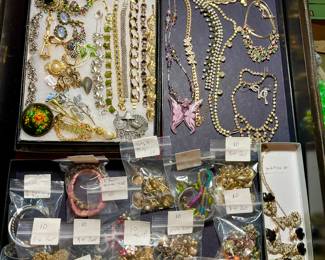 1950s signed and dated by holycraft design broaches, bracelet, earrings, $10-$25 And lots of pairs of earrings all bundled up to get a great price $2-$5-$10 for packages of 8 to 10 pairs