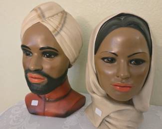 Marwal Chalk Ware Bust Man Woman Turbin Scarf Hand Painted Set