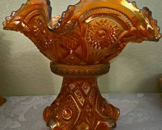 Imperial Marigold Carnival Glass Punch Bowl with Pedestal & Glasses- Minty!!