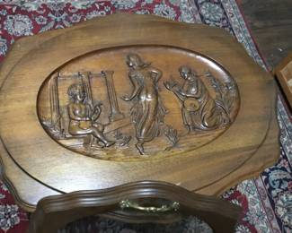 Antique Hand carved wood side table with removable glass tray top $350