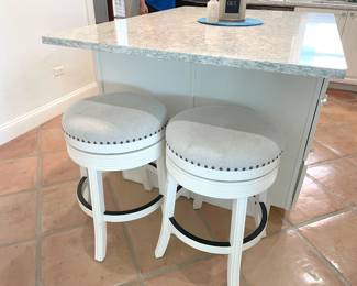 $600 OBO Kitchen island, 63”W x 45.5”D x 36”H including marble top – white with blue vein & “diamond” accent. Island box features six drawers and (1) double cabinet with roll out drawers.