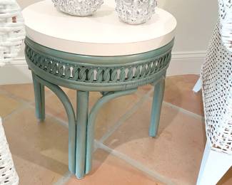 $40 Vintage rattan base (green) side table with laminate top, 18”W x 18”H