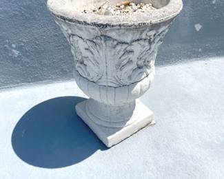 $18 each (3) Concrete pedestal flower pots. 13”W x 16”H