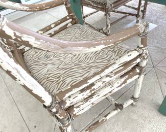 $700 Authentic vintage wood glass-topped dining table & 6 chairs, naturally distressed. Table has faint green finish, glass top over wood lattice and sturdy wood construction. Chairs are bamboo, have cushions, and feature distressed taupe-color paint over white, all peeling artistically. Table measures 79”L x 40”W x 30”H.