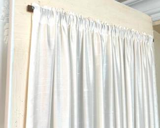 The outer doors have a very pale blue paint finish in the Shabby Chic style, with fine metal grill inset with gathered curtain on rod interior. Total measurement is 83”W x 21”D x 84”H.