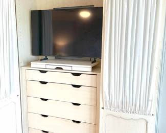 The outer doors have a very pale blue paint finish in the Shabby Chic style, with fine metal grill inset with gathered curtain on rod interior. Total measurement is 83”W x 21”D x 84”H.