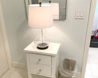 bunksidetablea$45 each (2) white nightstands, 2 drawer with sea glass pulls
18”W x 13”D x 26”H
$40 each (2) glass crackle lamps & white shades