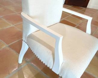 Dining table comes with 6 chairs – (2) Lexington Home dining chairs with arms PICTURED, (2) Arhouse traditional dining chairs, and (2) Arhouse high back padded chairs – all in off-white. Some upholstery marks.