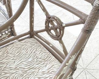$700 Authentic vintage wood glass-topped dining table & 6 chairs, naturally distressed. Table has faint green finish, glass top over wood lattice and sturdy wood construction. Chairs are bamboo, have cushions, and feature distressed taupe-color paint over white, all peeling artistically. Table measures 79”L x 40”W x 30”H.