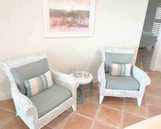 $60 each Vintage, wicker arm chairs with pale blue paint finish and cushions.
36”W x 36”D x 36”H