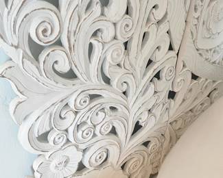 $500 King size wooden carved headboard, 4-panel, hangs on wall
65”w x 71”H