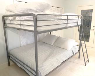 $100 Full over full bunk bed, without mattresses, gray metal with ladder -- MATTRESSES ON THIS BED NOT FOR SALE