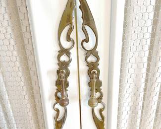 The outer doors have a very pale blue paint finish in the Shabby Chic style, with fine metal grill inset with gathered curtain on rod interior. Total measurement is 83”W x 21”D x 84”H.