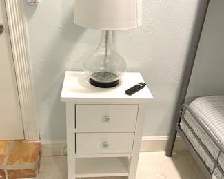 $45 each (2) white nightstands, 2 drawer with sea glass pulls
18”W x 13”D x 26”H
$40 each (2) glass crackle lamps & white shades