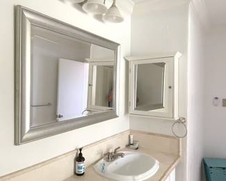 $25 Mirror with silver frame, 49.5”W x 21.5”H
$20 Mirrored bathroom cabinet, hanging, 20”W x 25”H