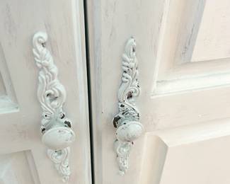 $100 Corner armoire refinished in the Shabby Chic style in very pale blue
25”W x 42”D x 54”H
