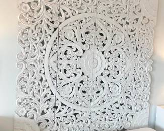 $500 King size wooden carved headboard, 4-panel, hangs on wall
65”w x 71”H