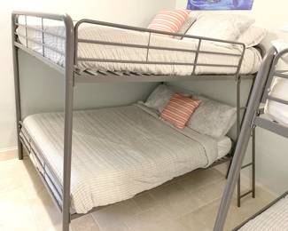 $250 full over full bunk bed, with mattresses, gray metal with ladder